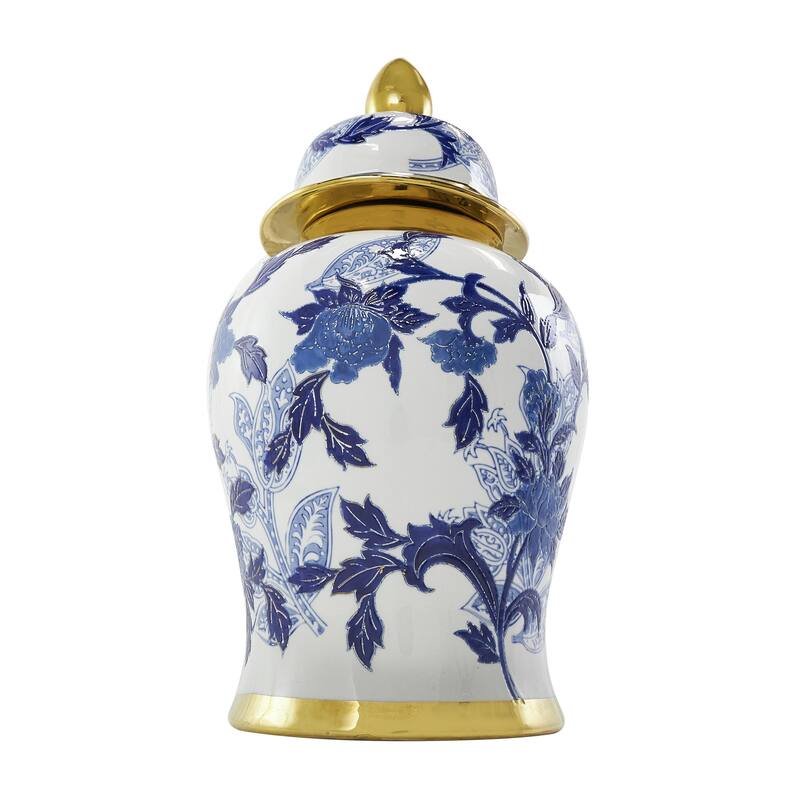 Ceramic Floral Living Room Decorative Jars with Cream and Gold Accents - Blue - Roche River Decor