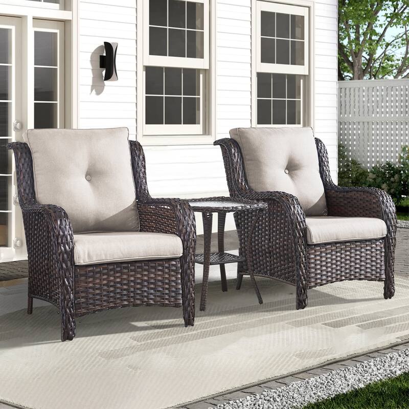 Outdoor Arm Chair with Cushion Rattan Chair - Brown Rattan - Beige Cushion - 3PCS - Patio Chair w/ Table