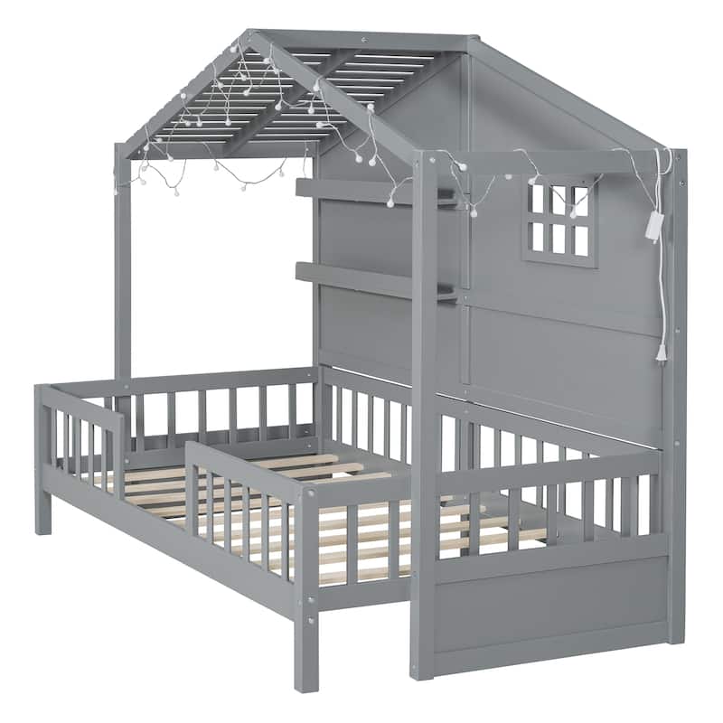Twin House Bed with Window, Roof Light Strip, and Storage Shelves, Pine Wood Construction
