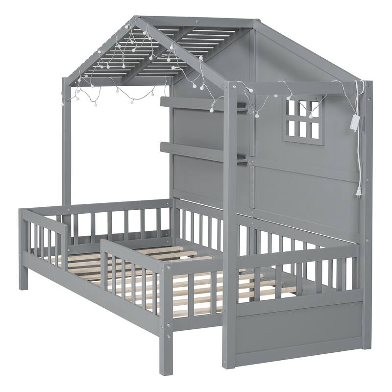 Twin Size House Bed with Shelves, Window, and Sparkling Light Strip