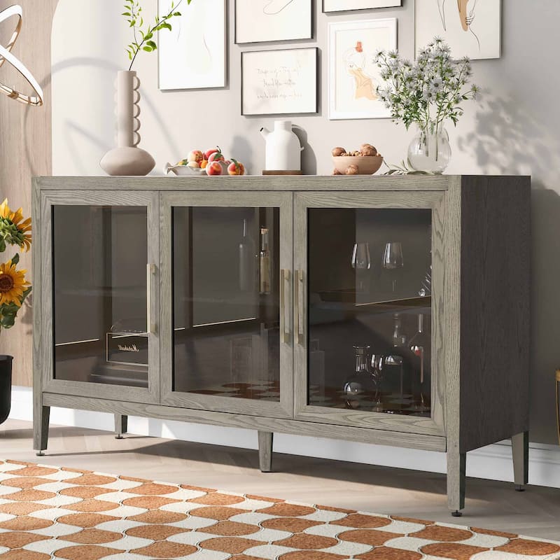 58" Accent Storage Cabinet with Adjustable Shelf, Buffet Sideboard Floor Cabinet with 3 Tempered Glass Doors for Living Room