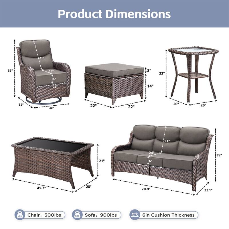 Meyreso 7-Piece Wicker Patio Conversation Set with Swivel Gliders and 6-Inch Thick Cushions