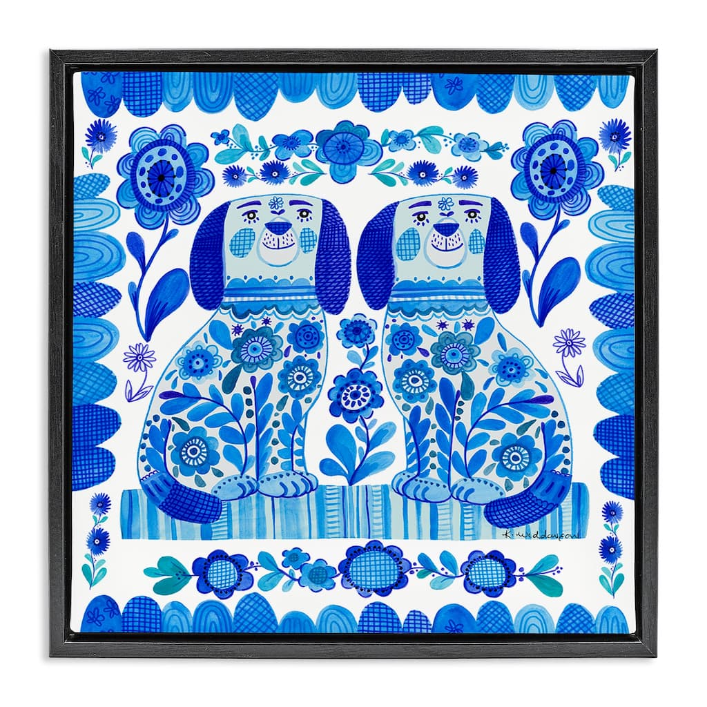 Stupell Blue Folk Style Puppies Framed Floater Canvas Wall Art Design By Kay Widdowson