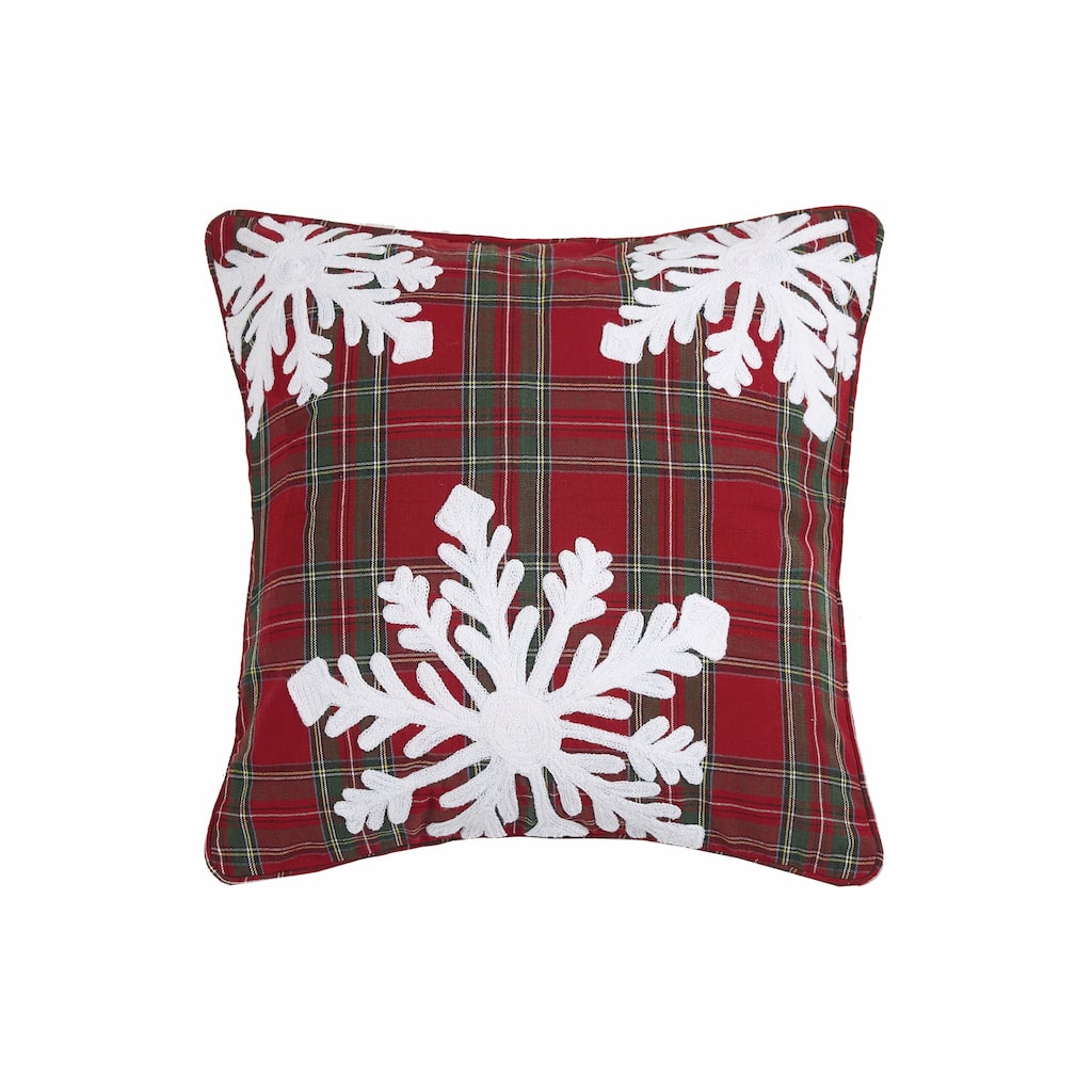 Snowflake Crewel Embroidered Plaid Holiday Throw Pillow