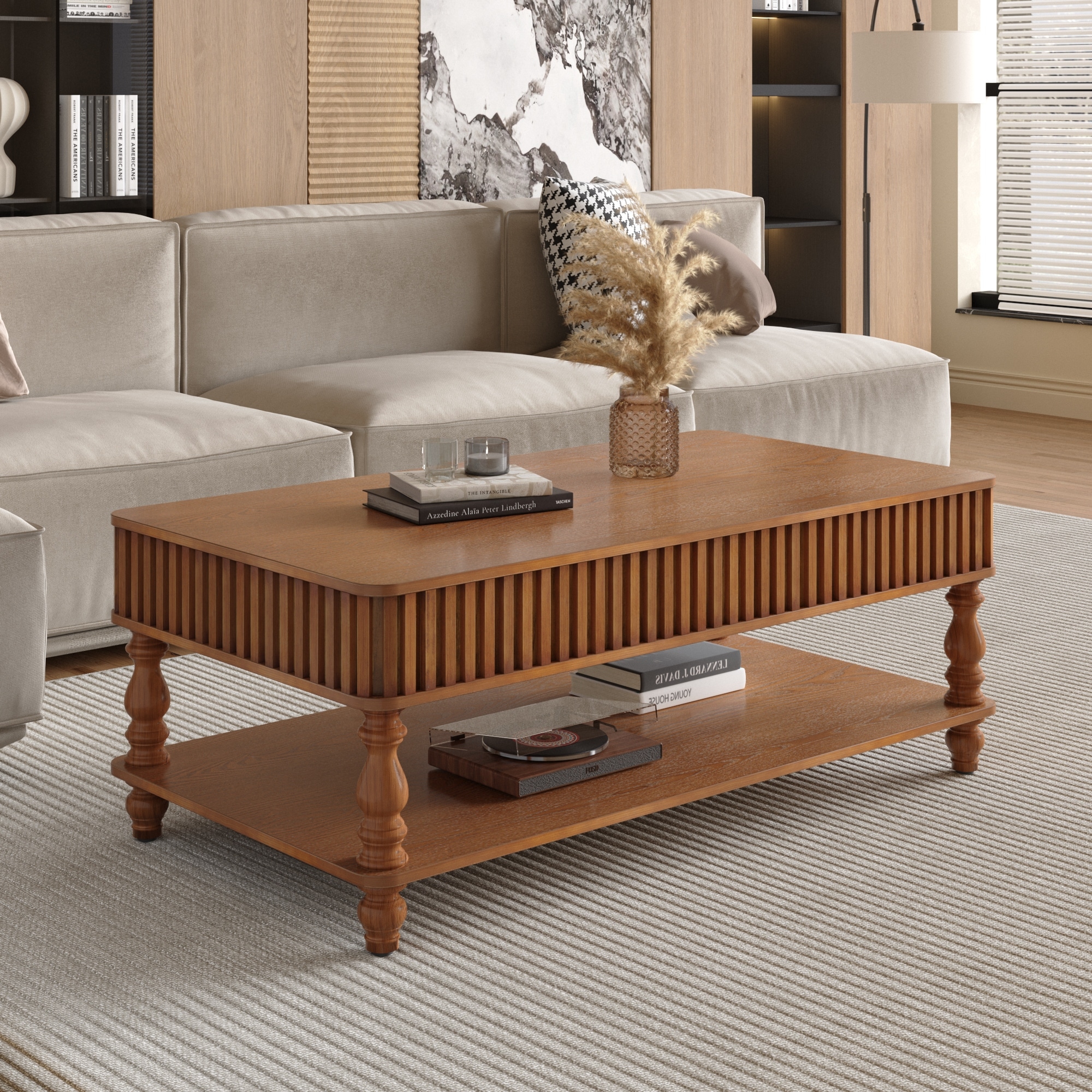 47" Vintage Brown Lift Top Coffee Table with Solid Roman Legs