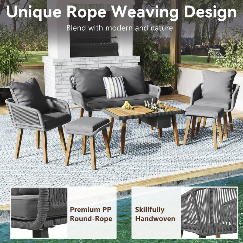 6-Piece Outdoor Wicker Sofa Set Acacia Wood Coffee Table with Ice Bucket, and Ottomans-Patio Furniture Set