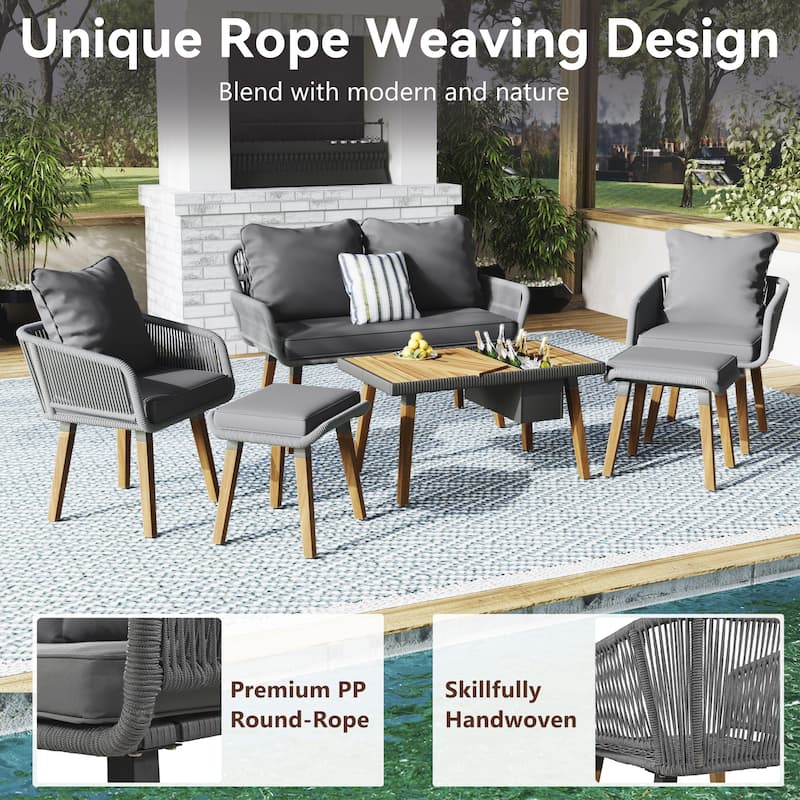 K&K 6-Piece Rope Patio Furniture Set Deep Seat with Two Stools