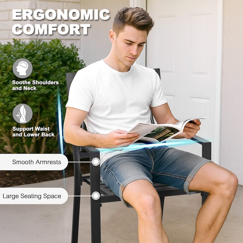 Patio Metal Dining Set with 6 Stackable Chairs and Umbrella Hole, Black