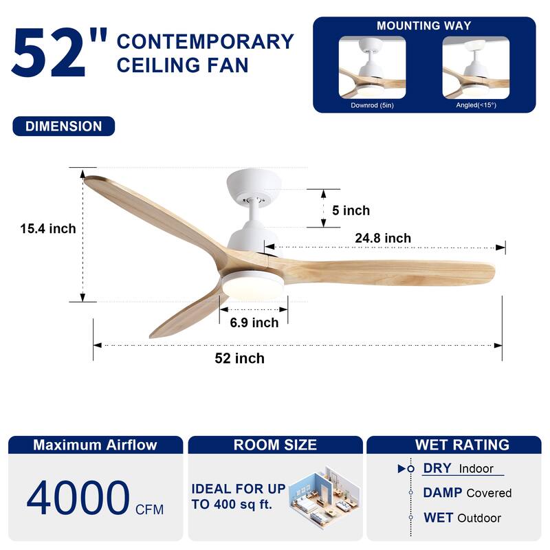 YUHAO SylvanAir Modern 52 in. Flush Mount Outdoor/Indoor Ceiling Fan with 3 Solid Wood Blades and DC Reversible Motor