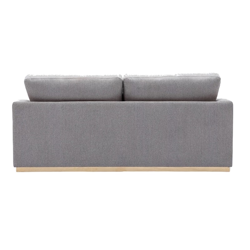 Sylvie Sofa, Gray Linen, Gold Metal, Modern Square Cushions 77 Inch