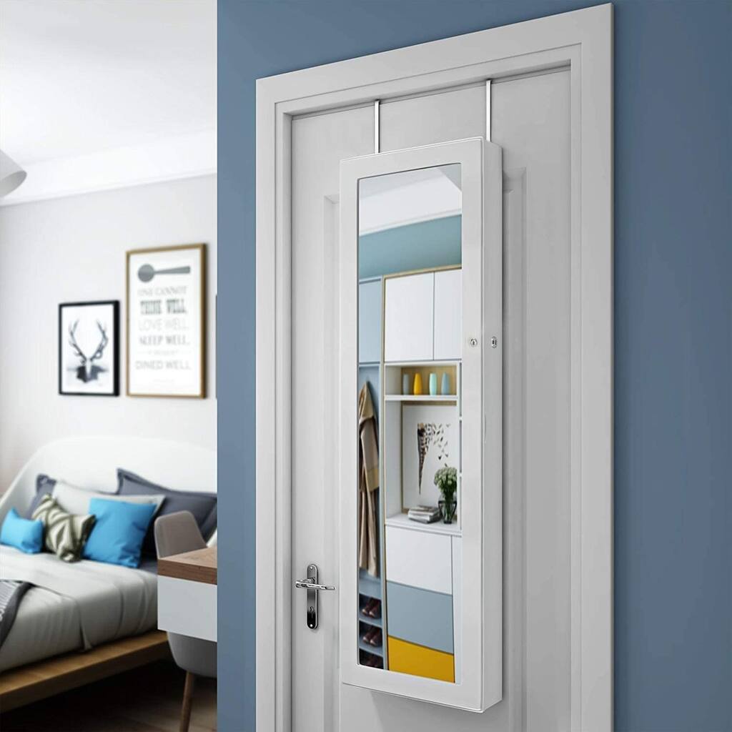 47" Lockable Wall Mount Mirrored Jewelry Armoire Cabinet w/LED Light
