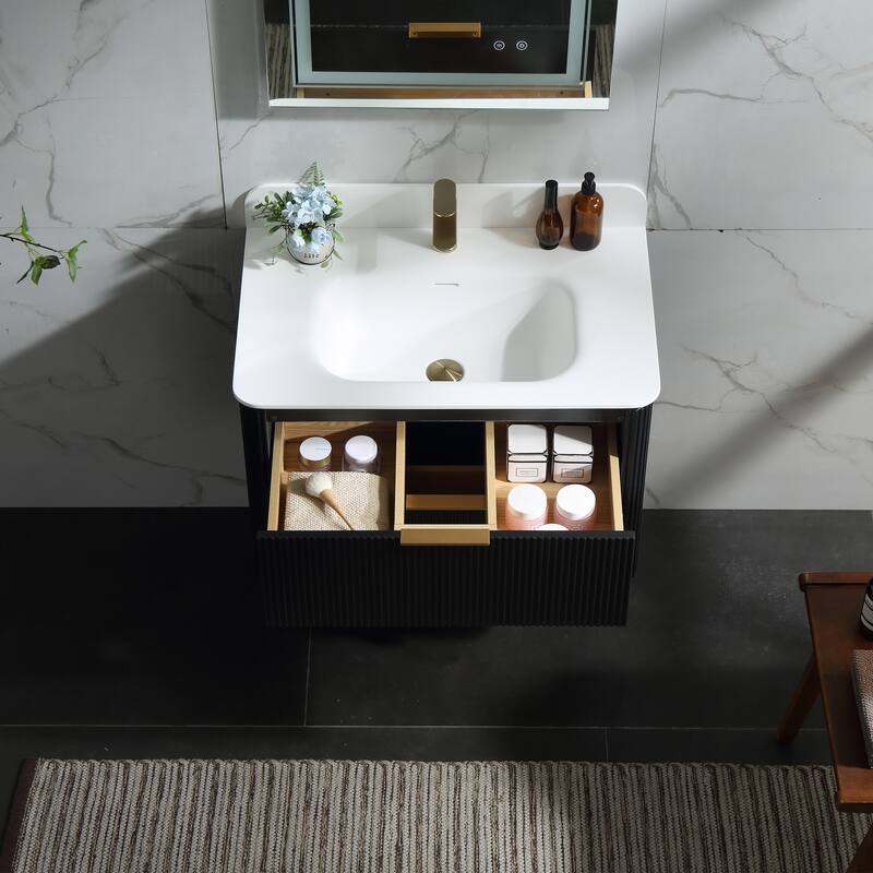 Modland Fluted Floating Vanity with Sink, Plywood Wall Mount Cabinet, Curved Edge, 24/30/36 Inch