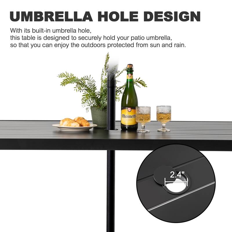 Outdoor Aluminum Dining Table with Umbrella Hole, Black