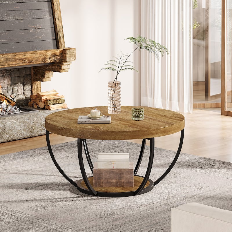 31.7" Round Coffee Table, Rustic 2-Tier Center Table with Storage Open Shelves