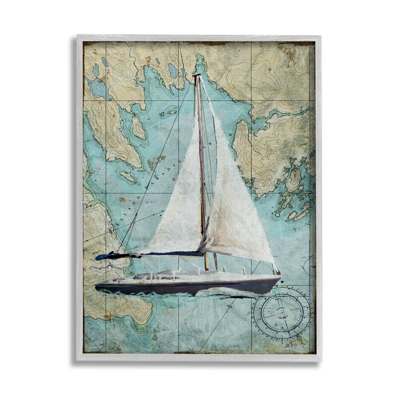 Stupell Vintage World Map Sail Boat Ocean Coast Painting,11x14, Design By Artist Art Licensing Studio - Multi-Color - 16 x 20 - Grey