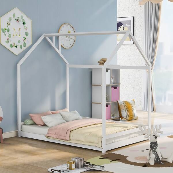 slide 2 of 11, Size House Bed , Playhouse Design with Roof, Sturdy Pine Wood Frame, Semi-Enclosed Space White