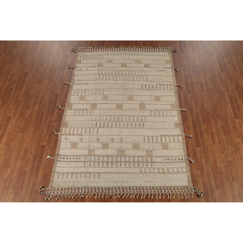 Beige & Ivory Moroccan Modern Area Rug Hand-Knotted Wool Carpet - 6'0"x 9'4"