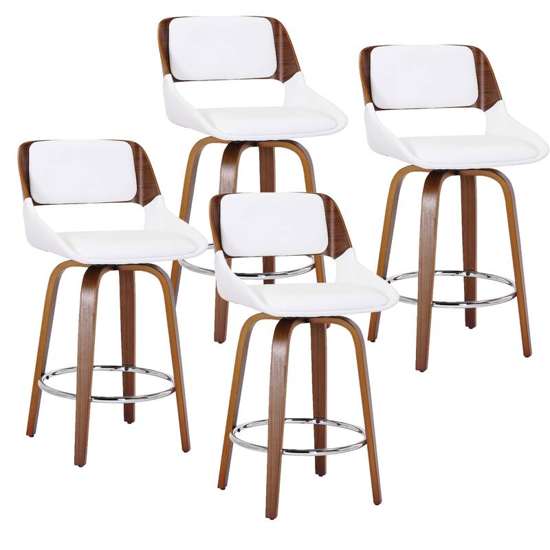 Mid-Century Faux Leather and Wood 26" Counter Stool with Swivel, Set of 4