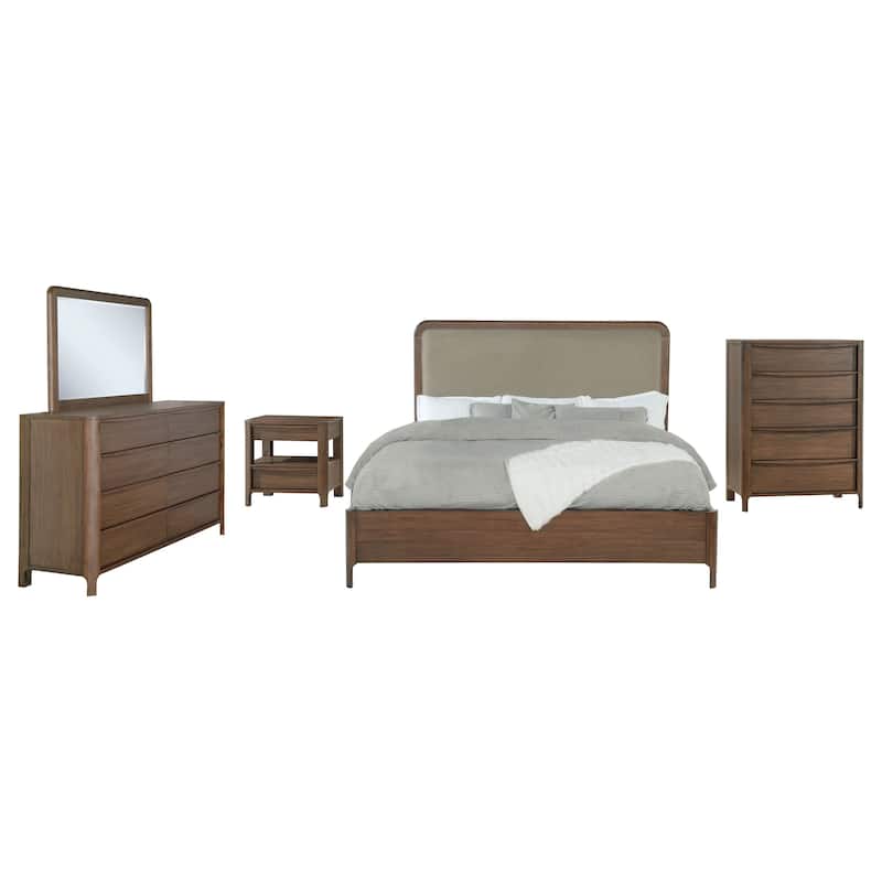 Rie 5pc Queen Bedroom Set with Dresser Mirror, Brown, Beige Upholstery