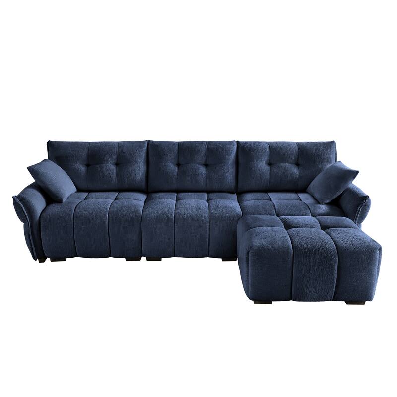 110.2" Chenille 3-Seater Sofa Set with Ottoman and Pillows, Solid Wood Frame and High-Resilience Cushions