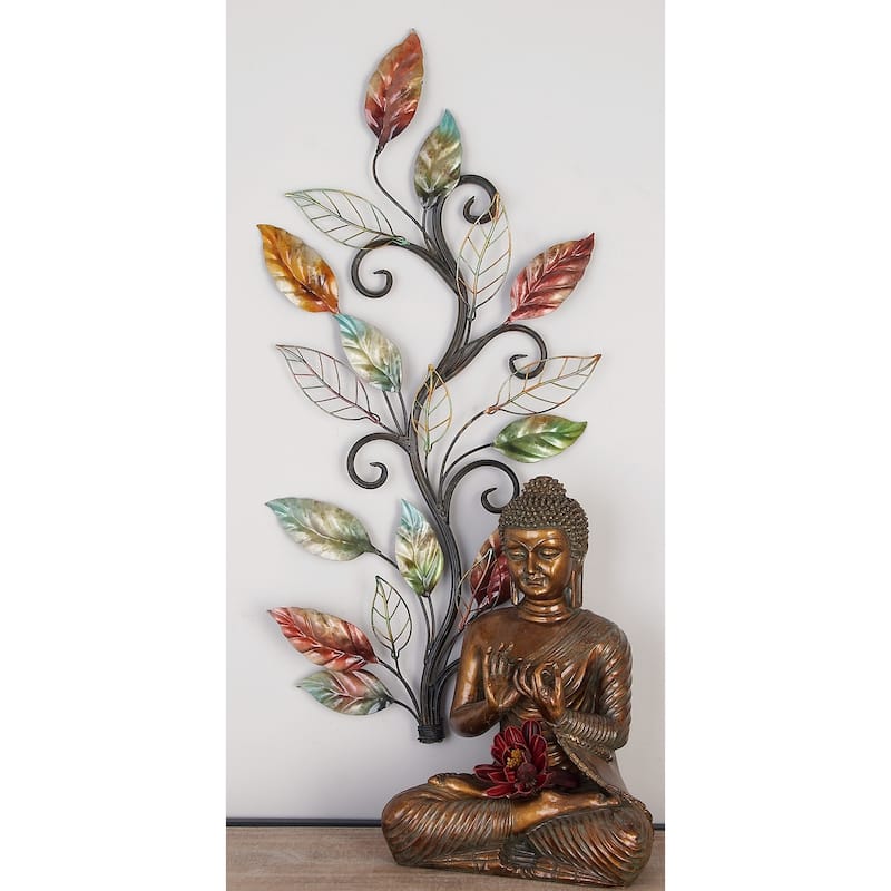 Multi Colored Metal Leaf Home Wall Decor with Scrolled Vine and Wire Leaf Accents