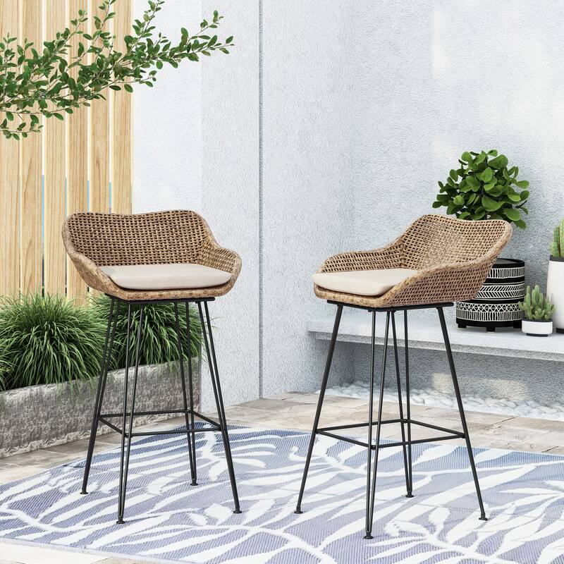 Roomfitters 29.25" Outdoor Wicker and Iron Low Back Barstools, Set of 2, Light Brown with Beige Cushions, Modern Patio Design