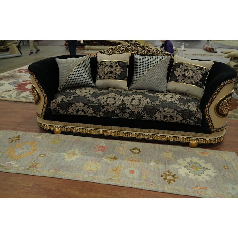 Vegetable Dye Gray Oushak Turkish Runner Rug, Floral Geometric Carpet - 9' 11'' X 2' 7''