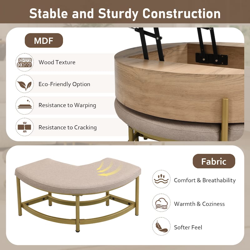 Modern Round Lift-Top Coffee Table with Storage & 3 Ottoman