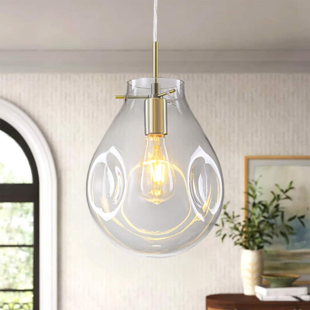 1-Light Unique Antique Bronze Teardrop Design Adjustable Pendant Light with Hand-Blown Blue Glass for Kitchen Island