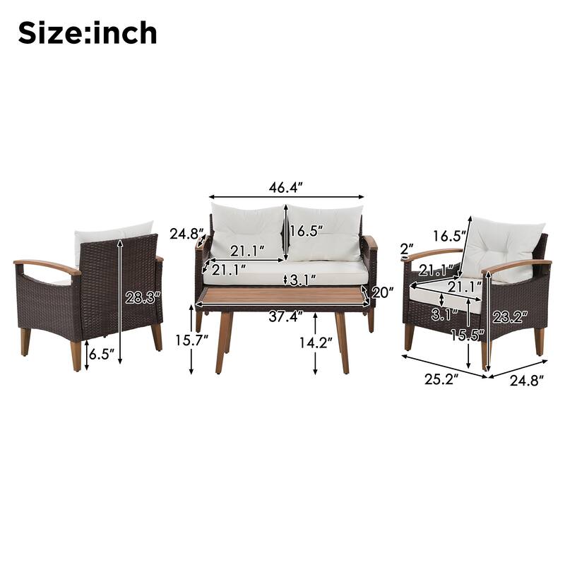 4 Piece Outdoor Sofa Set, All Weather PE Rattan Garden Furniture Set with Acacia Wood Dining Table and Armrest Chairs