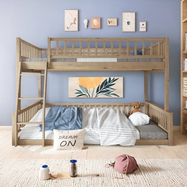 slide 2 of 12, Full XL over Queen Bunk Bed with Ladder and Guardrails Walnut