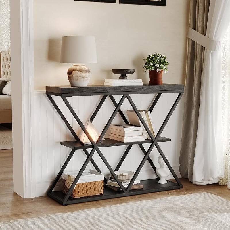 3-Tier X-Shaped Console Table, Entryway Table with Storage Shelf - Black