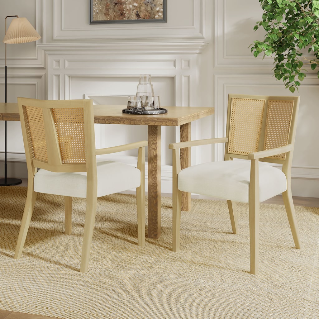 Modern Solid Wood Dining Chairs (2-Pack) - Rattan Accent 300 lbs Capacity
