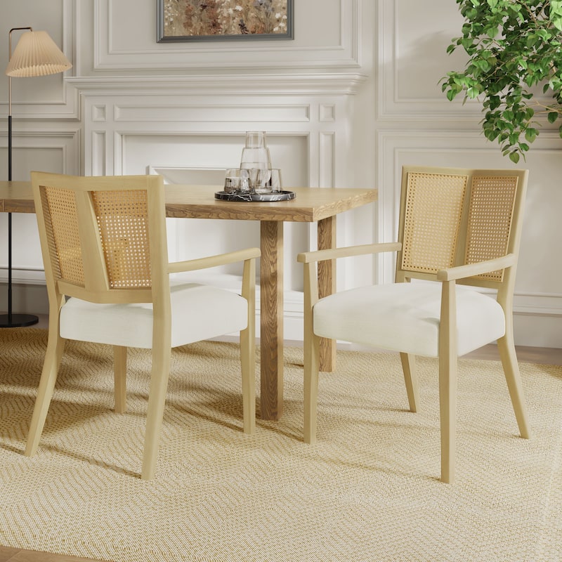 Roomfitters Arm Dining Chairs Set of 2, Upholstered Wood Accent Seating for Dining Room, - Beige+Natural Ash
