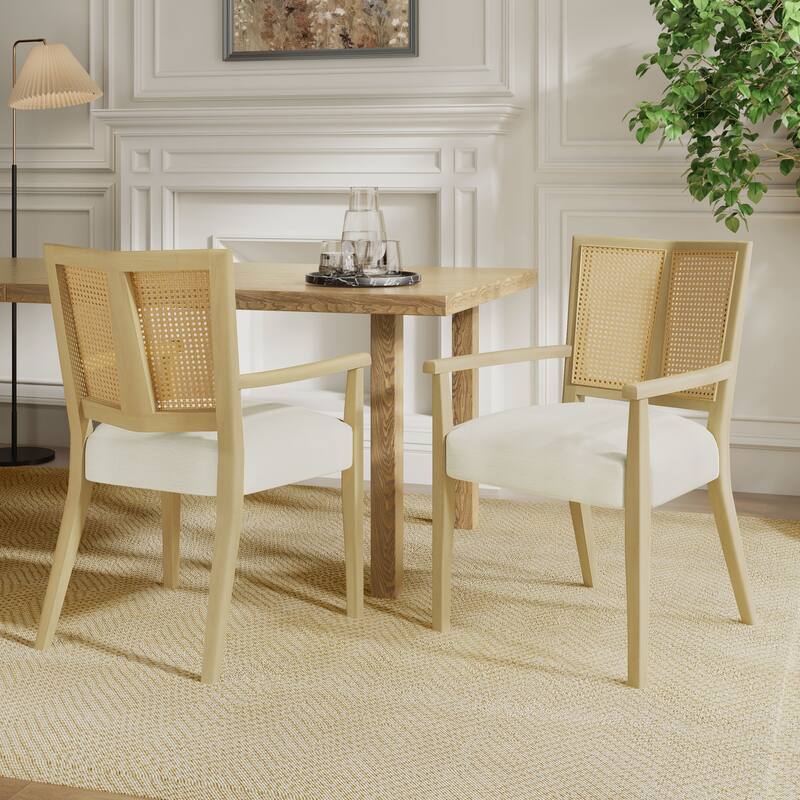 Set of 2 Modern Wooden Arm Dining Chairs with Rattan Backrest, Upholstered Fabric Seat, Rubberwood Frame - Beige,Natural Ash