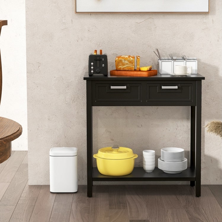 Wooden Console Table with 2 Drawers and Open Storage Shelf for Hallway