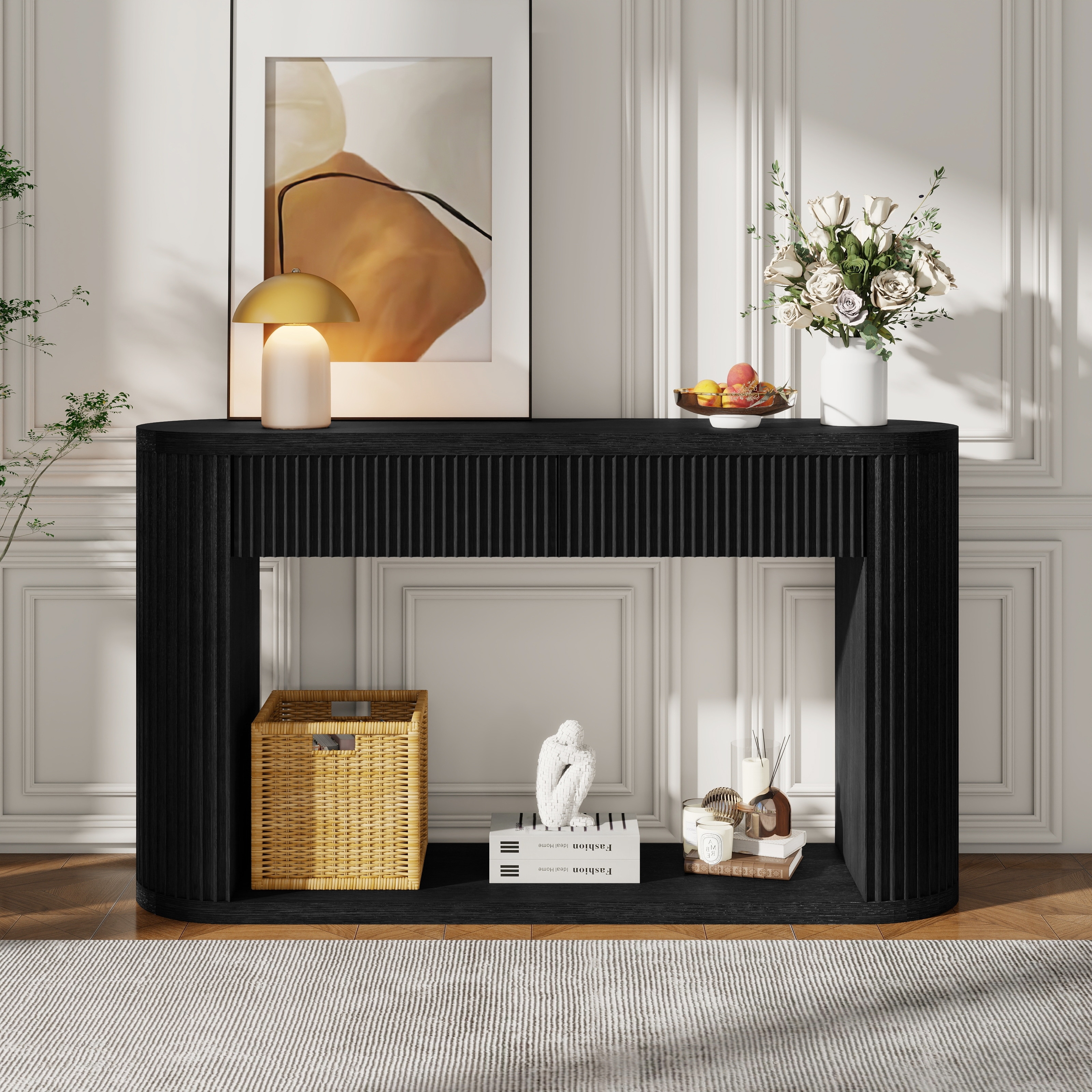 Oval Fluted Console Table Side Table with 2 Drawers, Sofa Table Accent Table Entryway Table with Bottom Shelf