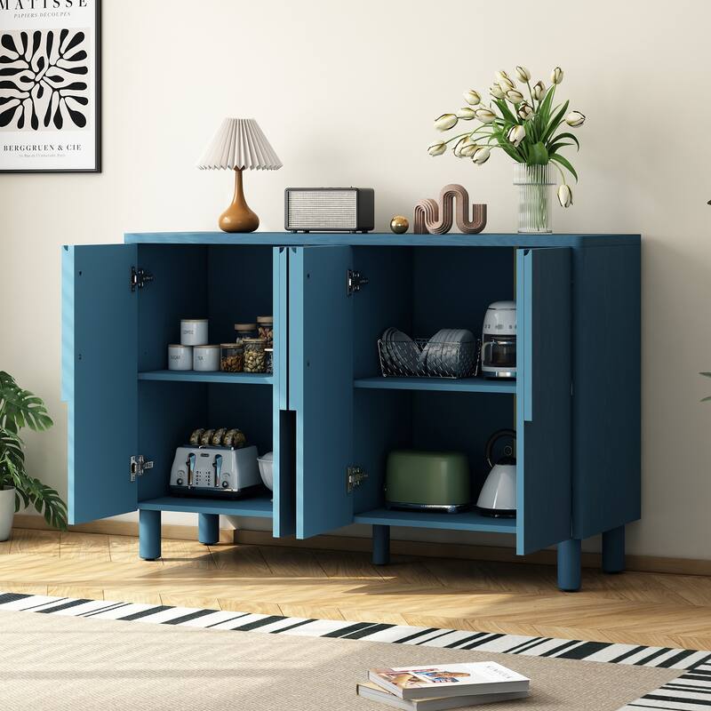 Modern 4-Door Buffet Cabinet with Arc Handles and Adjustable Shelves, for Dining Room, Kitchen and Living Room, Navy