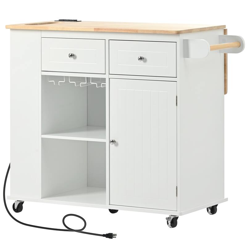 Kitchen Storage Island with Power Outlet and Adjustable Storage, Wooden Spice Cabinet with Drop Leaf, Rubber Wood and Wine Rack