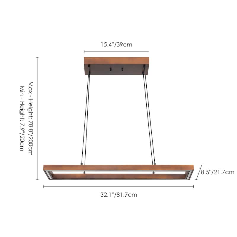 1-Light Farmhouse Walnut Oak Hollow LED Pendant Light for Dining Room - 32.2 in. W x 8.5 in. D x 1.8 in. H