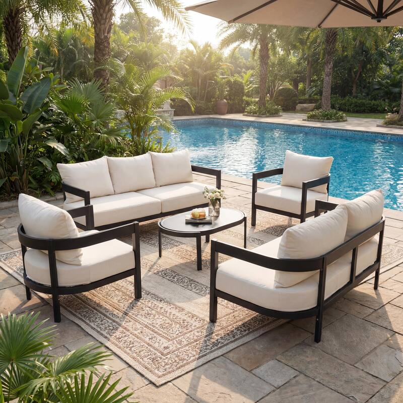 Christopher Knight Home - Modern 5-Piece Outdoor Aluminum Patio Conversation Set with Oval Glass Coffee Table & Cushions - Black Frame+White Cushion