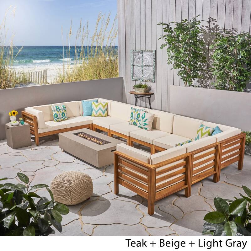 Oana Outdoor 12-Piece U-Shaped Acacia Wood Sectional Sofa Set with Fire Pit by Christopher Knight Home