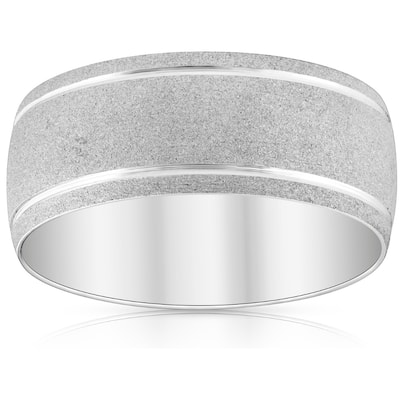 8mm 14k White Gold Brushed Two Line Ring Mens Wedding Band