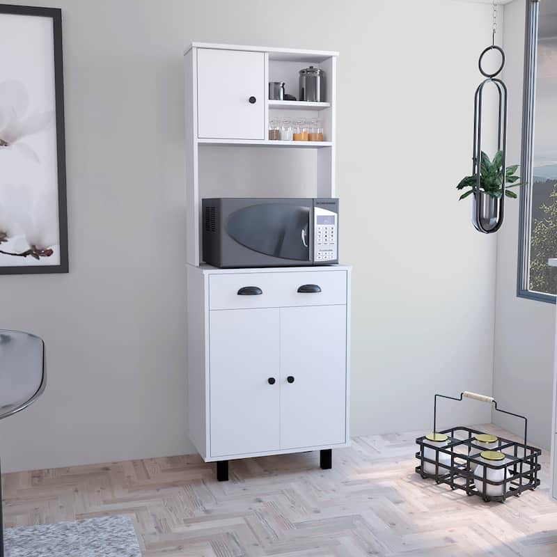Salem Kitchen Pantry with 2 Cabinets, 2 Open Shelves, and Drawer - White