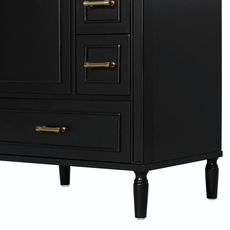 24" Modern Bathroom Vanity with Ceramic Sink, Soft-Close Door, 3 Drawers, Gold Handles & Door Rack
