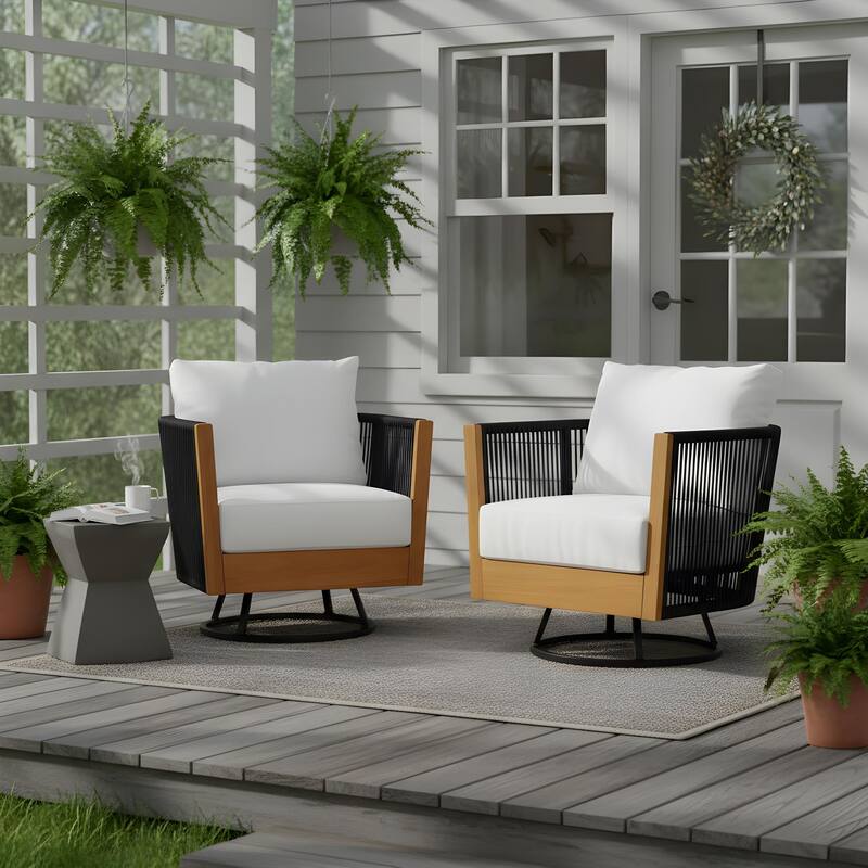 Christopher Knight Home - Modern 2-Piece Outdoor Acacia Wood Swivel Chair with Rope Design