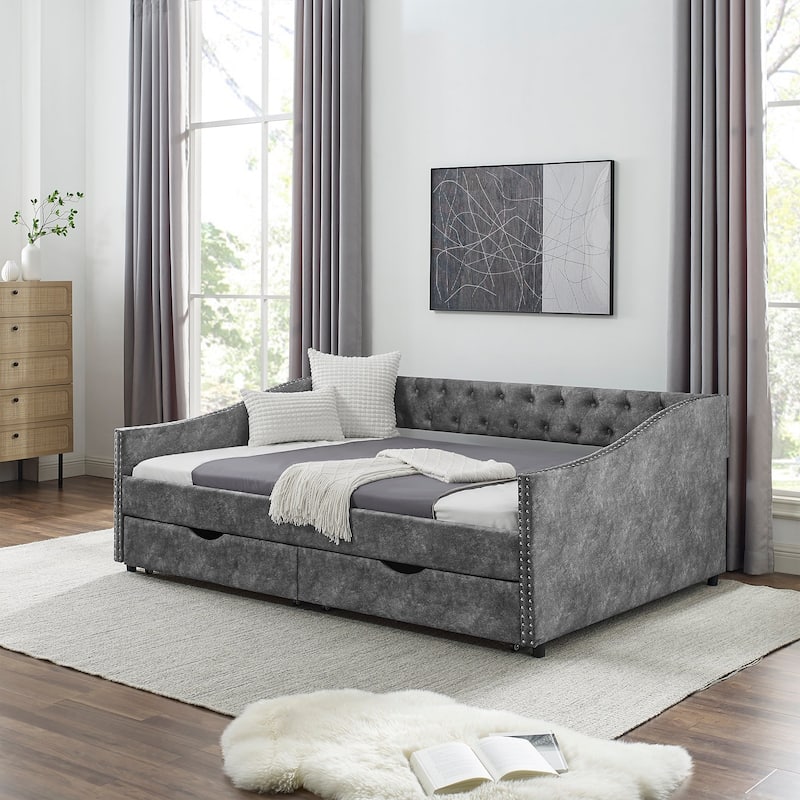 Full Size Daybed with Drawers Upholstered Tufted Sofa Bed