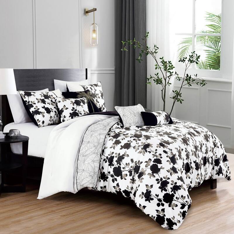 Shatex Kona 7 Pieces Ink Wash Flowers Bedding Comforter Set All-season Reversible Bed in a Bag
