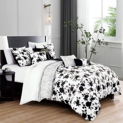 Shatex Kona 7 Pieces Ink Wash Flowers Bedding Comforter Set All-season Reversible Bed in a Bag
