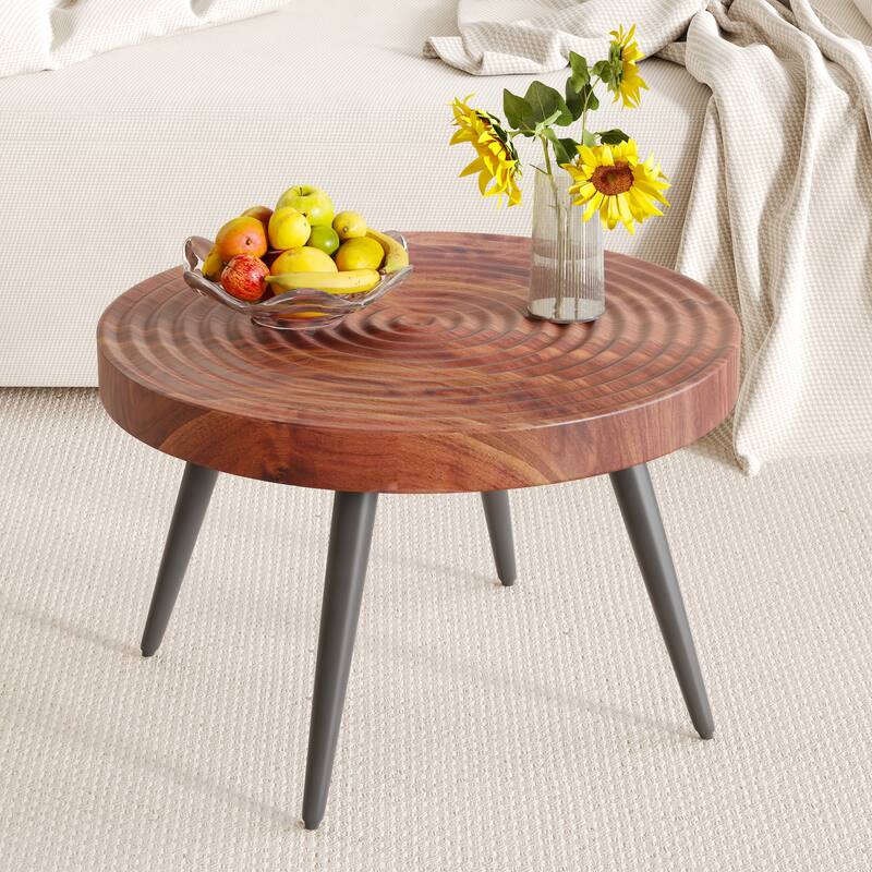 Roomfitters 23.6" Round Coffee Table with Natural Wood Grain Texture and Black Metal Legs - Dark Wood